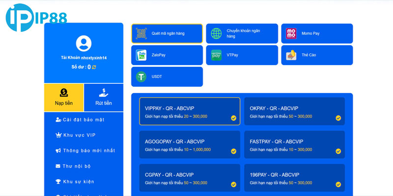Nạp tiền qua nhiều hình thức linh hoạt.